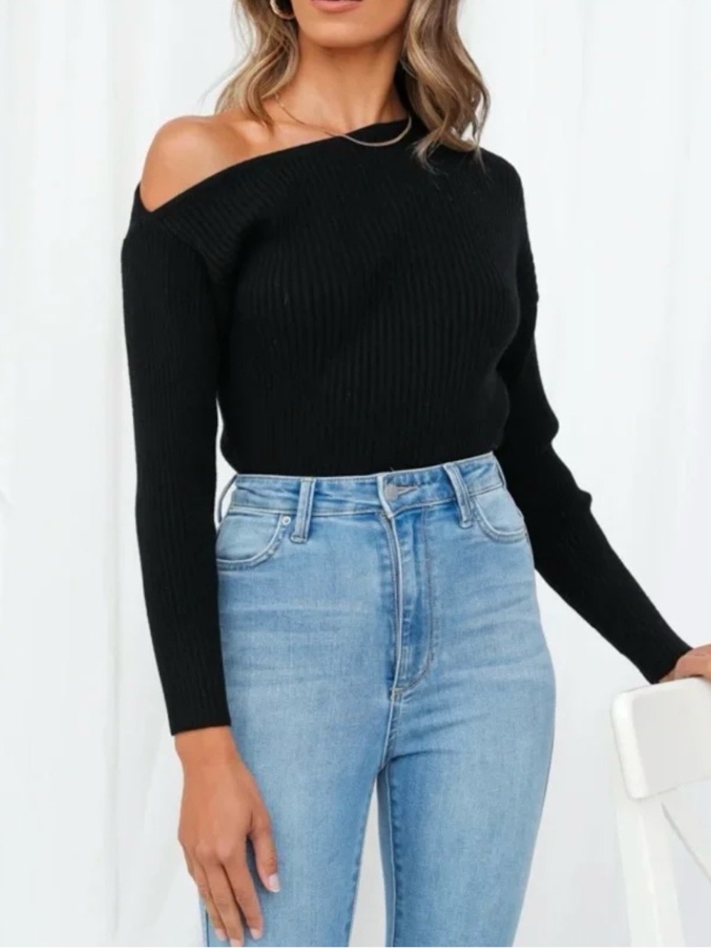 Hello Molly Black Ribbed Asymmetrical Sweater, Size M